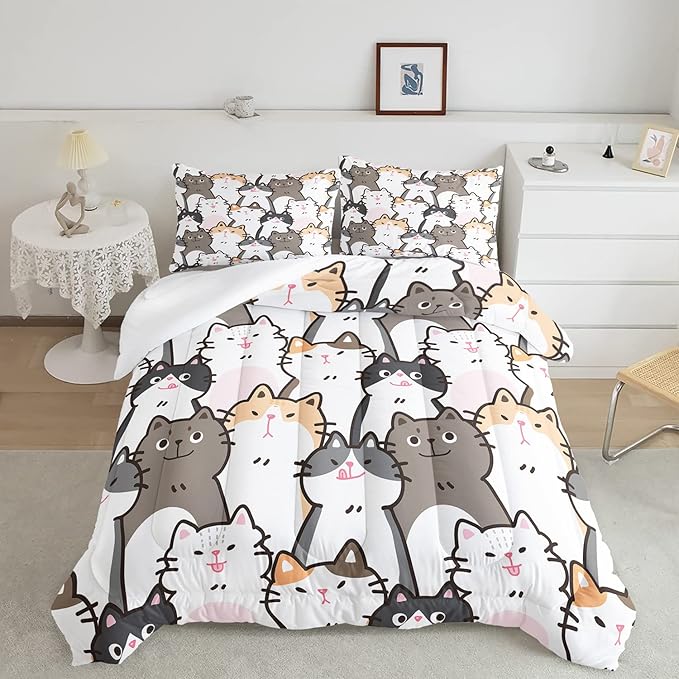 CVHOUSE Cat Bedding,Cartoon Cat Comforter Queen,Animals Print Comforter Set for Kids,Kawaii Quilt Set with 1 Comforter and 2 Pillow Cases