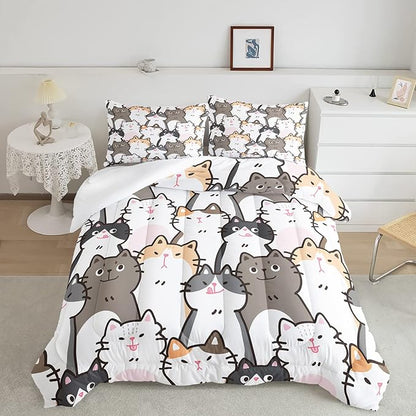 CVHOUSE Cat Bedding,Cartoon Cat Comforter Queen,Animals Print Comforter Set for Kids,Kawaii Quilt Set with 1 Comforter and 2 Pillow Cases