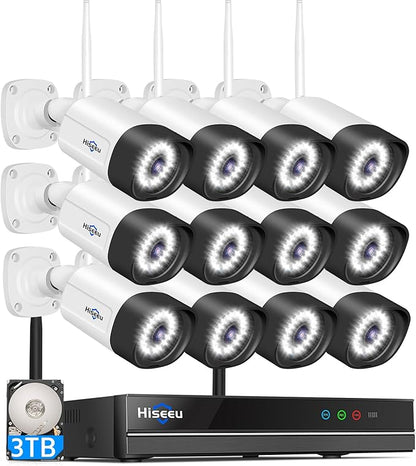 Hiseeu 5MP WiFi Security Camera System Outdoor,12Pcs 16CH NVR Camera Surveillance System,Color Night Vision, Spotlight& Siren Alarm,2-Way Audio,3TB HDD for 24/7 Recordings