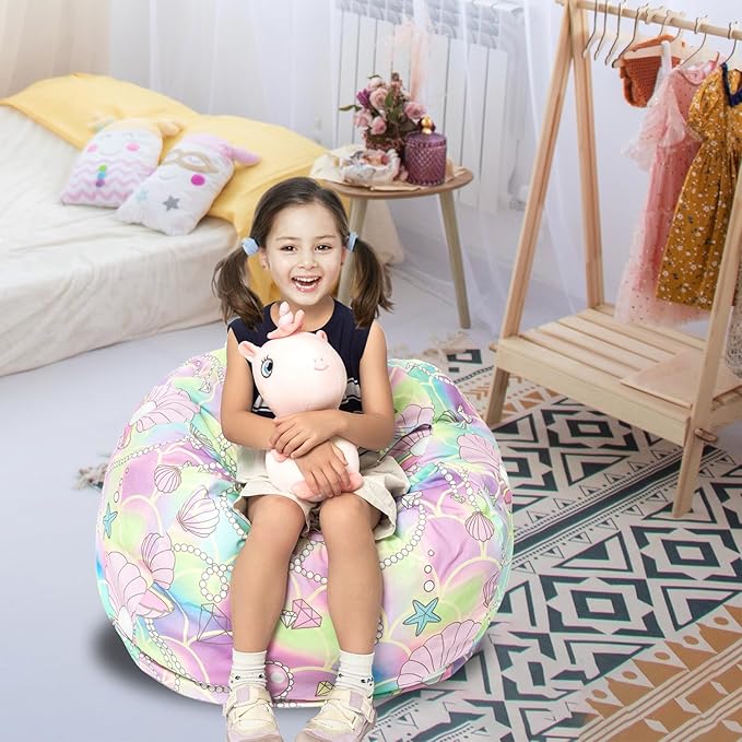 Stuffed Animal Storage Bean Bag Chair Cover, Hold Kids Plush Toys Blankets Towels Beanbag (Cover Only), Canvas Floor Circle Stuff Sit Seat Sofa with YKK Zipper, Large 32", Pink Shell