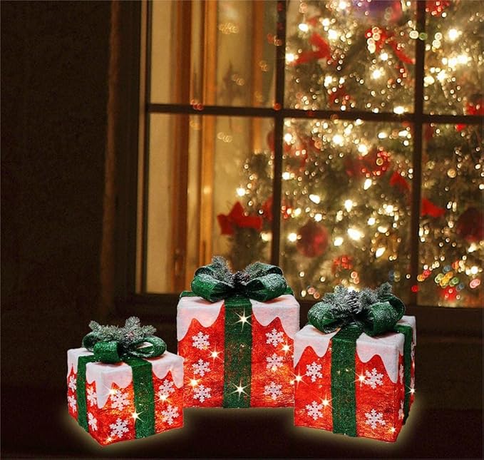 [Ultra-Large 16"x14"x11.5" Christmas Set of 3 Lighted Gift Boxes Decorations Pre-lit 91 Super-Bright LED with Flashers,for Indoor Outdoor Pathway Holiday Party Home(Warm White)