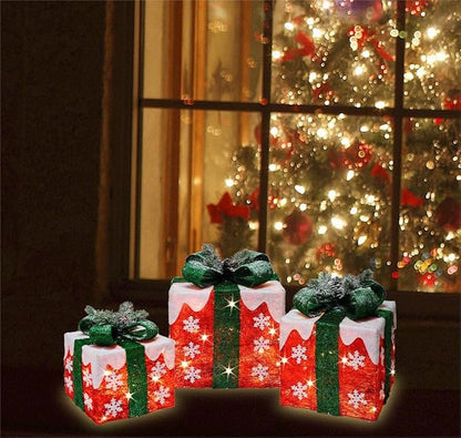 [Ultra-Large 16"x14"x11.5" Christmas Set of 3 Lighted Gift Boxes Decorations Pre-lit 91 Super-Bright LED with Flashers,for Indoor Outdoor Pathway Holiday Party Home(Warm White)