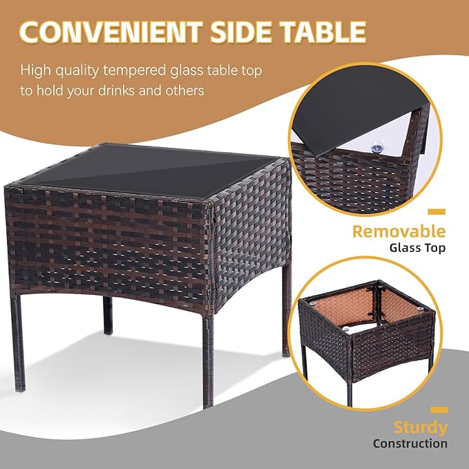 Patio Set 3 Piece Outdoor Rattan Porch Furniture with Tempered Glass Side Table & Cushion All Weather Conversation Bistro Set for Balcony,Deck,Porch (Brown/Beige)
