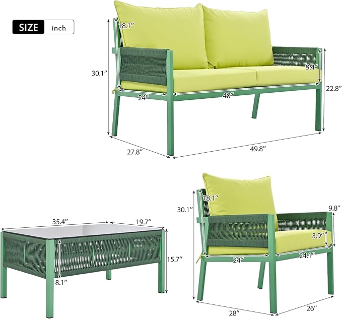 4 Piece Patio Furniture Set, Outdoor FSC Certified Acacia Wood Conversation Set, All-Weather Rope Sofa Set w/Tempered Glass Table, Loveseat for Lawn Balcony Poolside, Backyard, Backyard