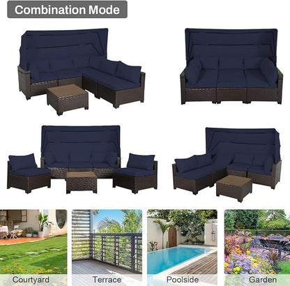 6 PCS Outdoor Patio Furniture Set,Sectional Sofa Set,Rattan Daybed with Retractable Canopy,Adjustable Backrest,Storage Coffee Table,Chaise Chair Sunbed for Garden Poolside Backyard(Navy Blue)