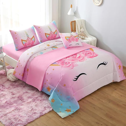 JQinHome Unicorn Full Bedding Sets for Girls Kids,6 Piece Bed in A Bag 3D Colorful Flower Girl Unicorn Comforter Set (1 Comforter,2 Pillowcases,1 Flat Sheet,1 Fitted Sheet,1 Cushion Cover)