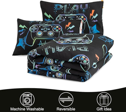 Meeting Story Gamer Gaming Bedding Sets Fluorescence Gamepad Comforter Set for Boys Games Console Action Buttons Novelty Colorful Modern Room Decor Home Quilt Set (Black, Twin)
