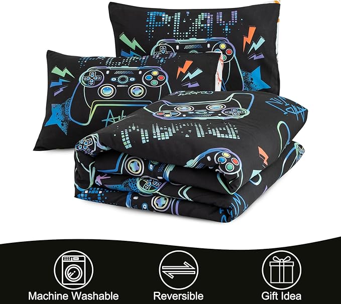Meeting Story Gamer Gaming Bedding Sets Fluorescence Gamepad Comforter Set for Boys Games Console Action Buttons Novelty Colorful Modern Room Decor Home Quilt Set (Black, Full)
