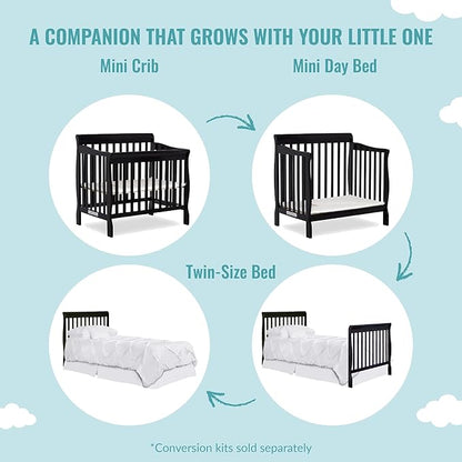 Aden 4-in-1 Convertible Mini Crib In Black, Greenguard Gold Certified, Non-Toxic Finish, New Zealand Pinewood, With 3 Mattress Height Settings