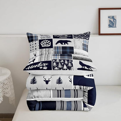 Manfei Deer Bear Kids Comforter Set Full Size,Wolf Hunting Adventure Rustic Bedding Set for Boys Girls Adults Room Decor,Geometric Plaids Patchwork Down Comforter,Blue Xmas Duvet Insert,2 Pillowcases