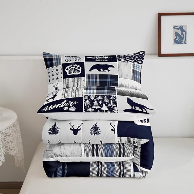 Deer Bear Kids Comforter Set Queen Size,Wolf Hunting Adventure Rustic Bedding Set for Boys Girls Adults Room Decor,Geometric Plaids Patchwork Down Comforter,Blue Xmas Duvet Insert,2 Pillowcases