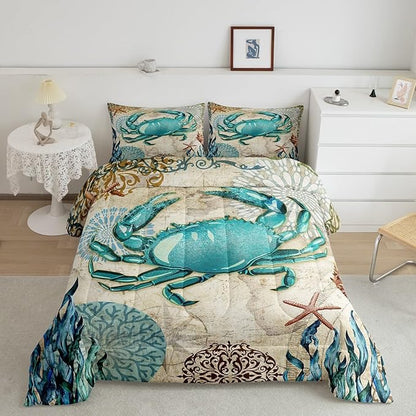 Sea Beach Theme Comforter Set Kids Beach Crabs Print Queen Bedding 3D Sea Animal Crab Luxury Microfiber Quilted Duvet Set with 2 Pillowcases,Soft Lightweight Marine Life Decorative Bedding Soft Fluffy
