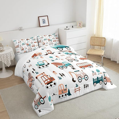 Feelyou Boys Cartoon Car Comforter Set, Kids Construction Cars Trucks Comforter for Children Cartoon Botanical Truck Bedding Set Cute Cars Quilt Set with 1 Pillowcase 2Pcs Bedding Twin