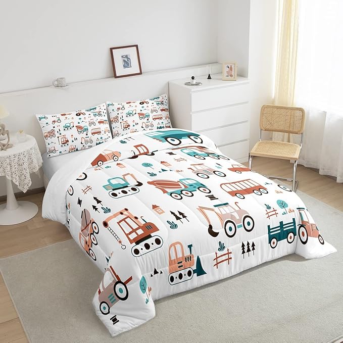 Boys Cartoon Car Comforter Set, Kids Construction Cars Trucks Comforter for Cartoon Botanical Truck Bedding Set Cute Cars Quilt with 2 Pillowcases 3Pcs Bedding Full Boys