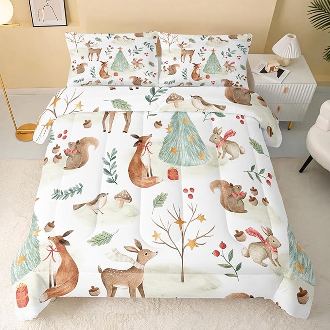 Wild Animal Comforter Twin Size,Rabbit Deer Comforter Set for Kids Teens Girls Boys,3Pcs Bedding Set Printed Comforter with 2 Pillowcases,Down Alternative,Soft and Lightweight，Twin Size