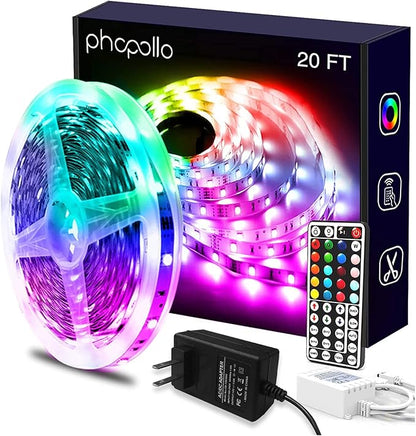 phopollo Led Lights 20ft for Bedroom Color Changing Luces Led para Decoracion RGB DIY Color Option with Power Supply and Remote