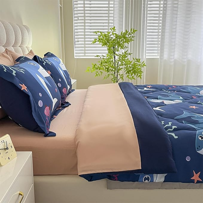 Boys Sharks Comforter Set Twin Size 7 Piece Cute Ocean Animal Jellyfish 3D Printed Bedding Set Bed in A Bag for Kids Girls Teens Lightweight Soft Bed Set All Seasons Navy Blue