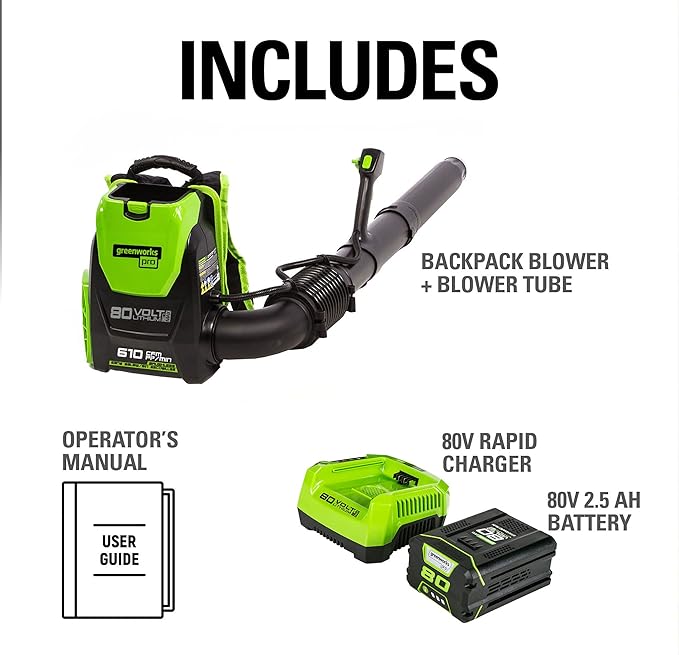 Greenworks 80V (180 MPH / 610 CFM / 75+ Compatible Tools) Cordless Brushless Backpack Blower, 2.5Ah Battery and Rapid Charger Included, Green/Black