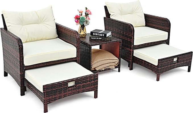 Pamapic 5 Pieces Wicker Patio Furniture Set Outdoor Patio Chairs with Ottomans Conversation Furniture with coffetable for Poorside Garden Balcony(Beige)