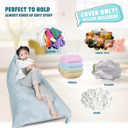 Stuffed Animal Storage Bean Bag Chair Cover, Velvet Grey Plush Toy Storage Stuff and Sit Seat for Kids/Teens/Adults, 52" x 31" Extra Large Triangle Floor Sofa, 200L/52Gal, Cover Only