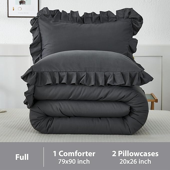 Andency Dark Gray Comforter Set Full, 3 Pieces Full Bed Solid Bedding Comforters & Sets, (1 Ruffle Comforter and 2 Pillowcases) All Season Lightweight Fluffy Soft Microfiber Bedding Set(79x90Inch)
