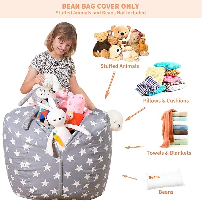 Aubliss Stuffed Animal Bean Bag Storage Chair, Beanbag Covers Only for Organizing Plush Toys, Turns into Bean Bag Seat for Kids When Filled, Large 38"-Canvas Stars Grey