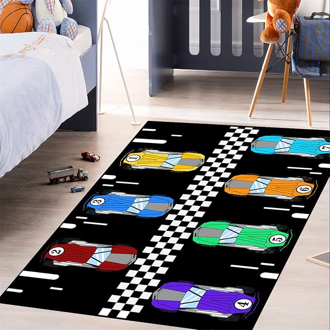Race Car Area Rug, 47 x 31 in, Low Pile, Handmade, for Boys Room Decor, Black