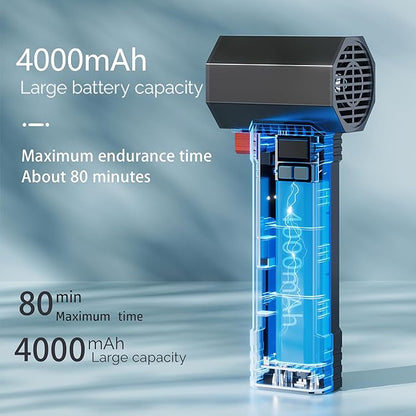 Oversize Car Dryer Air Blower Turbo Fan, Instantaneous Thrust 1.20KG/S, 4 Speeds, 4000mAh, 64MM Super Electric Cordless Leaf Blower for Patio Cleaning, Lawn Careand Car Drying