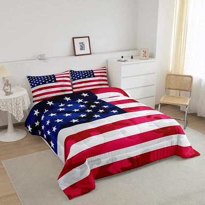 Feelyou American Flag Bedding Set Camouflage USA Flag Comforter Set Army Camo Flag Comforter Blue Red White Stars Comforter for All Season Room Decor King Size Boys