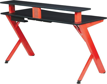 OSP Home Furnishings Area51 Battlestation Gaming Desk with Bluetooth RGB LED Lights, Red