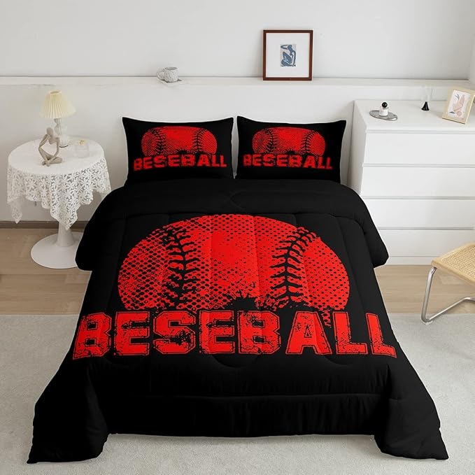 Erosebridal Kids Baseball Queen Size Bedding Set Red Black Sports Comforter Set for Boys Girls Teen,Reversible Black Quilt Comforter Soft Lightweight for All Season,1 Comforter and 2 Pillow Cases