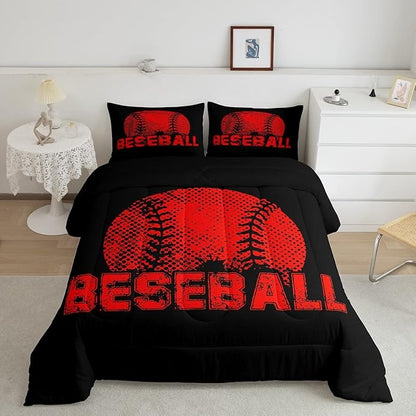 Erosebridal Kids Baseball King Size Bedding Set Red Black Sports Comforter Set for Boys Girls Teen,Reversible Black Quilt Comforter Soft Lightweight for All Season,1 Comforter and 2 Pillow Cases
