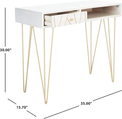 Safavieh Home Office Collection Marigold White Wash and Brass 1-Drawer Hairpin Leg Desk, 0