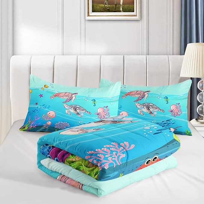 Turtle Comforter Set Twin Ocean Watercolor Sea Turtle Bedding Set Tropical Fish Marine Life Bed Set with 2 Pillowcases for Kids Room Decor
