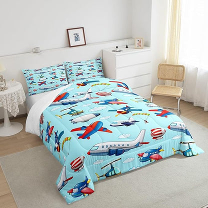 Kids Aircraft Comforter Set Boys Cartoon Airplane Print Comforter Helicopter Flying Plane Bedding Set for Children Girls Travel Decor Duvet Set Cute Colorful Planes Room Decor Queen Size Quilt Set