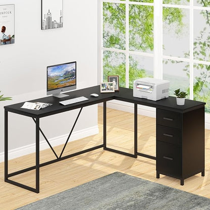 HSH Large Black L Shaped Desk, Corner Wood Computer Desk with Drawer, Modern Work Home Office Desk with Storage Cabinet, Industrial Executive PC Study Writing Desk for Living Bedroom, Black, 59 Inch