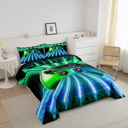 Erosebridal Green Blue Gamepad Comforter Set, Game Player Bedding Set Twin Size Modern Gamer Gaming Quilted Duvet Neon Trippy Duvet Set for Kids Boys Girls Teens Young Man Room Decorative