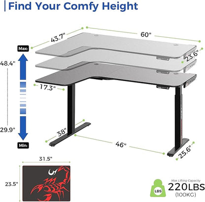 EUREKA ERGONOMIC Standing Desk L Shaped, 60 Inch Gaming Desk Electric Height Adjustable Dual Motor Rising Sit Stand Up Corner Desk for Computer Home Office, Smart Memory Preset Mousepad, Large, Left