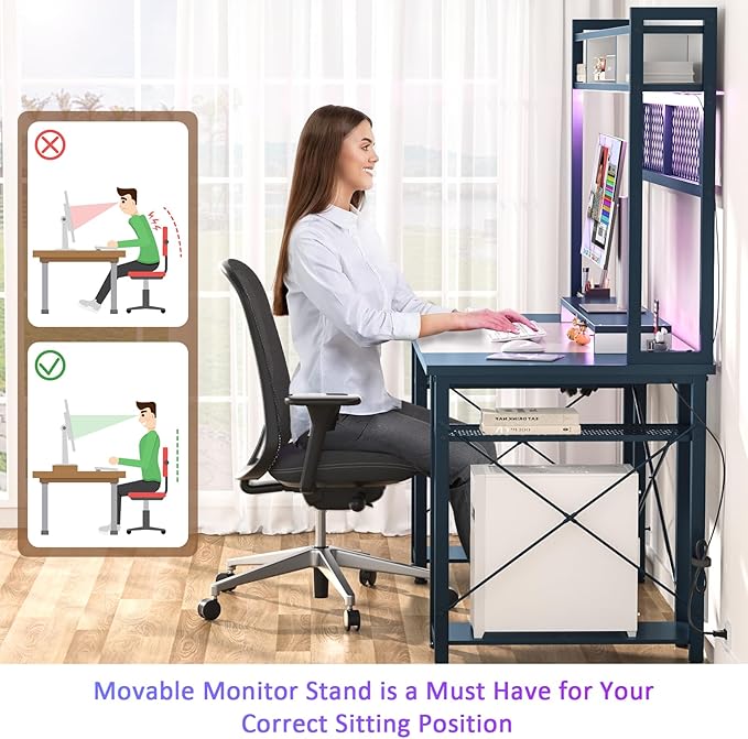 armocity 2024 Upgrade Gaming Desk with Hutch, 48'' Magic Computer Desk with LED Lights and Outlets, Reversible Workstation Desk with Pegboard and Monitor Stand, 48 Gamer Desk PC Table, White and Blue