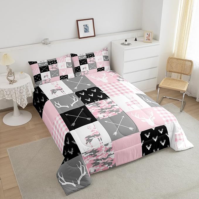 Deer Antlers Comforter Set Queen Size,Camo Western Rustic Farmhouse Xmas Bedding 3pcs for Kids Teens Boys Girls Room Decor,Boho Arrows Geometric Plaids Down Comforter,Pink Duvet Insert,2 Pillowcases