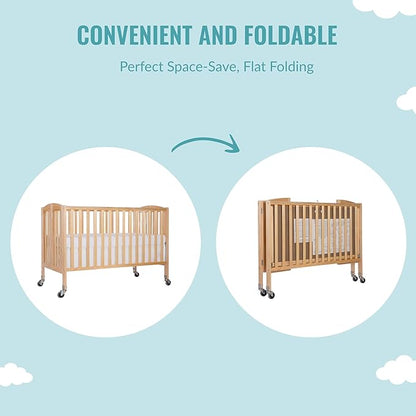 Folding Full Size Convenience Crib In Natural, Two Adjustable Mattress Height Positions, Comes With Heavy Duty Locking Wheels, Flat Folding