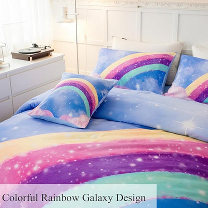 Blue Girls Bedding Set Twin, 6Pcs Colorful Rainbow Kids Comforter Set for Girls, 3D Gradient Glitter Bed in A Bag with Comforter, Sheets and Pillowcases for Teens