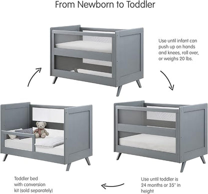 BreathableBaby Breathable Mesh 3-in-1 Convertible Crib (Toddler Bed Kit Sold Separately) — Gray — Two Adjustable Mattress Heights — Greenguard Gold Certified