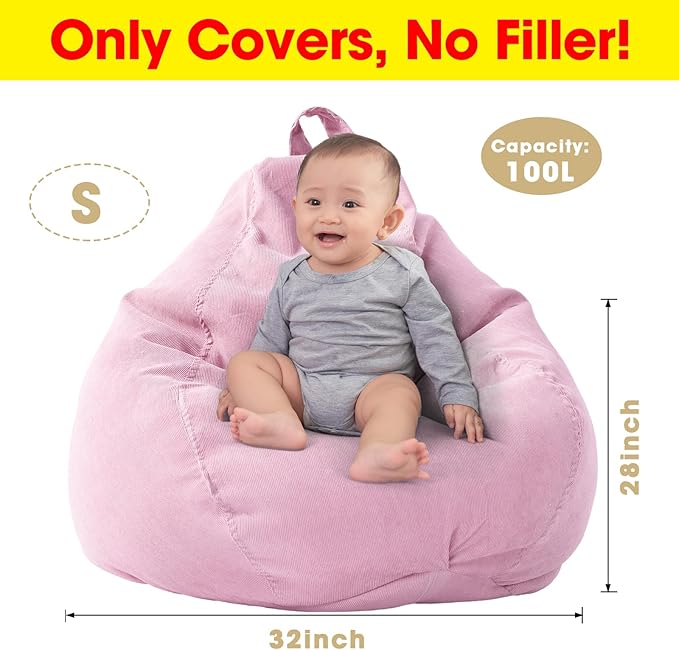 2 Pcs Bean Bag Cover Stuffed Animal Storage Bean Bag Chair Cover Soft Corduroy Stuffed Animal Bean Bag Storage for Kids Adults Indoor Bedroom Organizing Plush Toys(Pink, 100L)