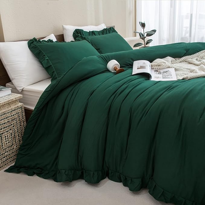 Andency Dark Emerald Green Comforter Set Queen, 3 Pieces Solid Ruffle Farmhouse Bedding Set for Queen Bed, Lightweight Soft Ruffled Bed Comforter Set for All Seasons