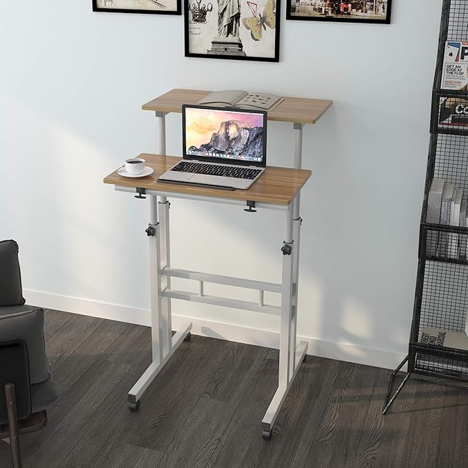 sogesfurniture Mobile Standing Desk Laptop Workstation on Wheels, Adjustable Computer Desk for Standing or Sitting, Oak 101-OK