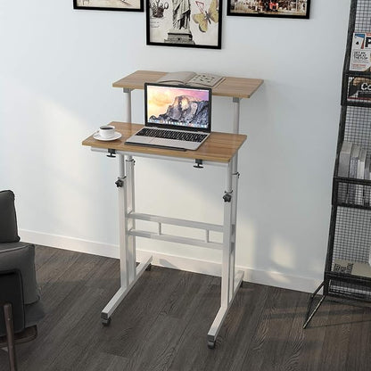 sogesfurniture Mobile Standing Desk Laptop Workstation on Wheels, Adjustable Computer Desk for Standing or Sitting, Oak 101-OK