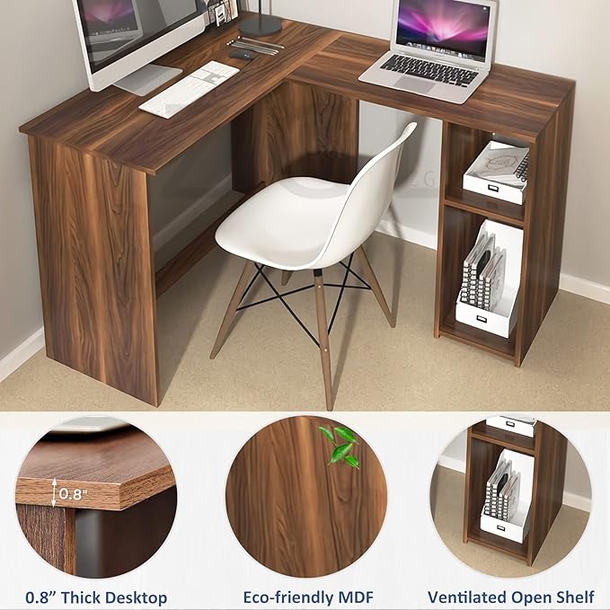 FurnitureR 47.2-Inch L-Shaped Computer Desk Home Office Study Writing Corner Gaming Table Retro Design Work Station Space-Saving for Study Room Bedroom, Walnut