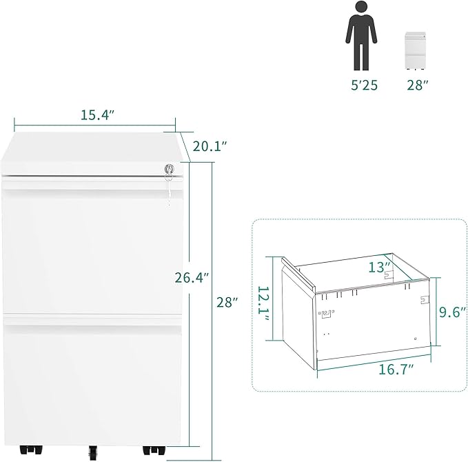 YITAHOME 2-Drawer Vertical File Cabinet with Lock, 20” Deep Mobile Metal Filing Cabinet for Legal/Letter Size, 20” Height Pre-Built Office Storage File Cabinet Except Wheels Under Desk - White