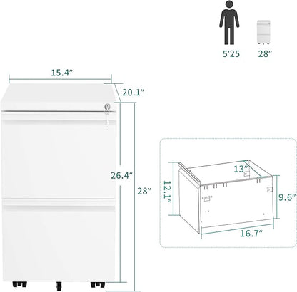 YITAHOME 2-Drawer Vertical File Cabinet with Lock, 20” Deep Mobile Metal Filing Cabinet for Legal/Letter Size, 20” Height Pre-Built Office Storage File Cabinet Except Wheels Under Desk - White
